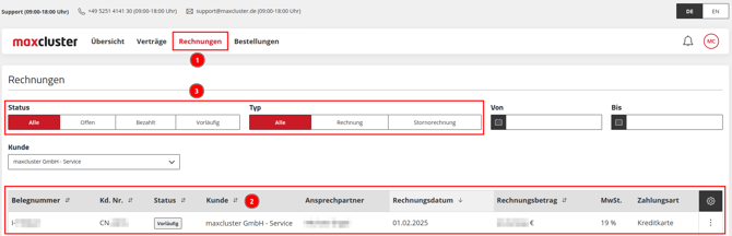ApplicationCenter-Rechnungen-Status-Typ-Informationen