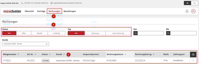 ApplicationCenter-Rechnungen-Status-Typ-Informationen