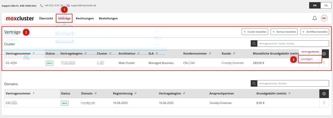 ApplicationCenter-Verträge-Cluster-Kündigen