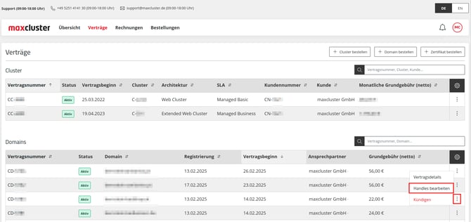 ApplicationCenter-Verträge-Domain-Menü-Handle-bearbeiten