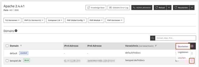 Managed Center - Webserver - Apache - Domain - Menü - Bearbeiten