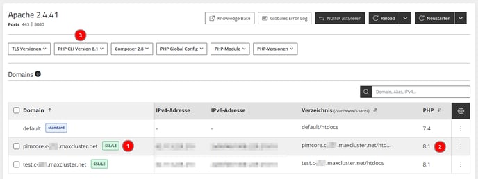 Managed Center - Webserver - Apache - PHP-CLI-Version Domain