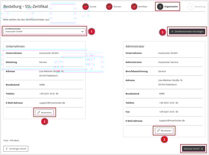 Application Center - Bestellungen - +Zertifikat bestellen - Organisation - Zertifikatsinhaber