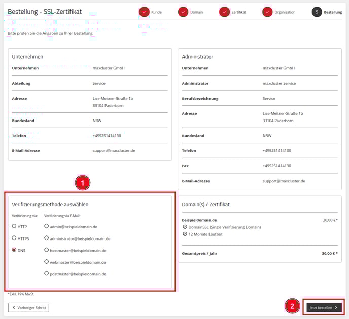 Application Center - Bestellungen - +Zertifikat bestellen - Verifizierungsmethode auswählen