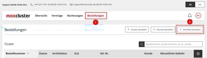Application Center - Bestellungen- +Zertifikat bestellen
