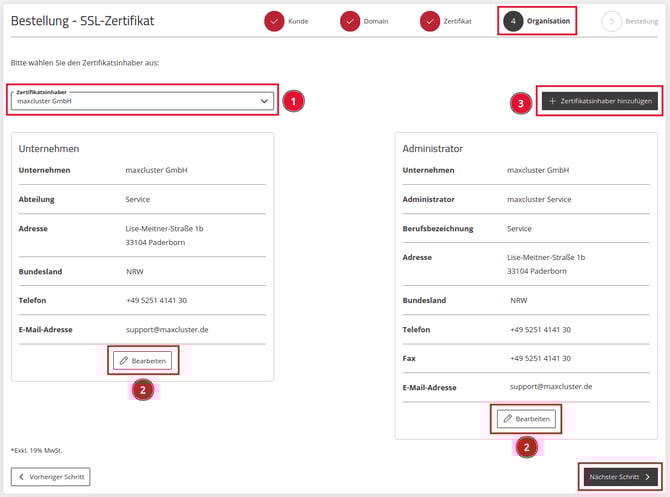Application Center - Bestellungen - +Zertifikat bestellen - Organisation - Zertifikatsinhaber