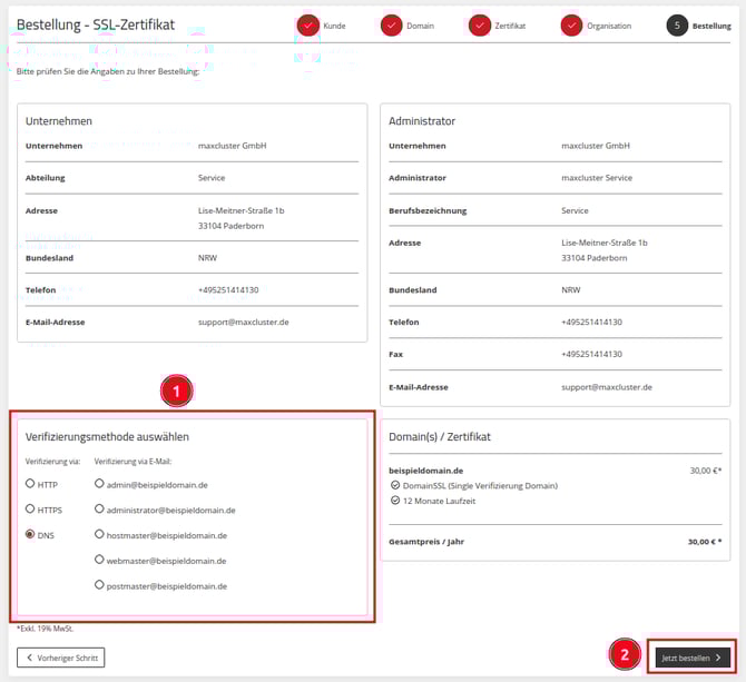 Application Center - Bestellungen - +Zertifikat bestellen - Verifizierungsmethode auswählen