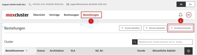 Application Center - Bestellungen- +Zertifikat bestellen