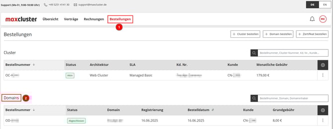 ApplicationCenter-Bestellungen-Domains
