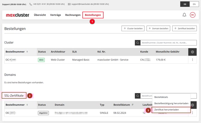 ApplicationCenter-Bestellungen-SSL-Zertifikate-Menü-Zertifikat-herunterladen