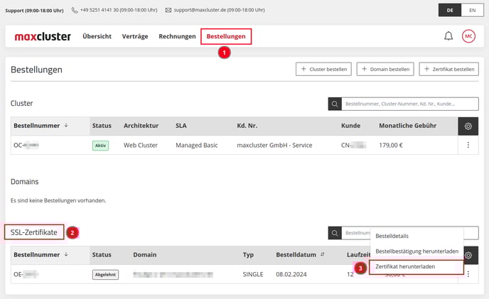 ApplicationCenter-Bestellungen-SSL-Zertifikate-Menü-Zertifikat-herunterladen