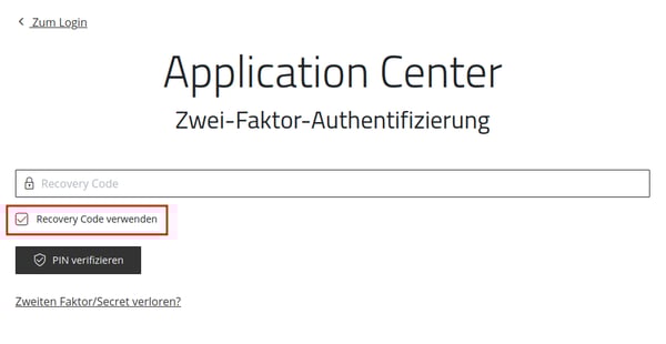 Login Fenster mit Anzeige der Zwei-Faktor-Authentifizierung und die Möglichkeit den Recovery Code zu verwenden