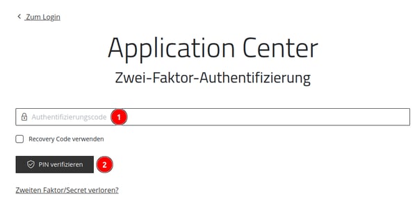 Login Fenster mit Anzeige der Zwei-Faktor-Authentifizierung