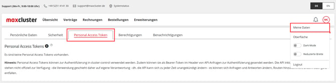 ApplicationCenter-MeineDaten-Personal-Access-Token
