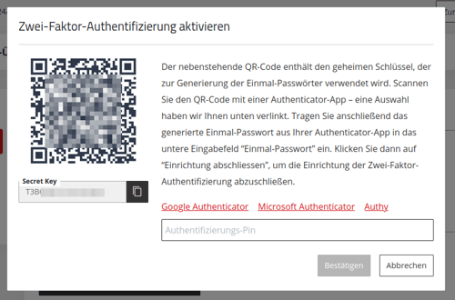 Zwei-Faktor-Authentifizierung aktivieren - Code für den Authenticator-App