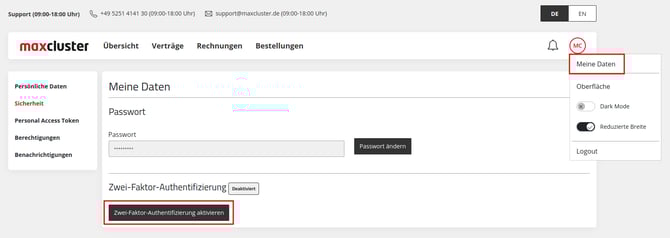 Application Center - Meine Daten - Sicherheit - Zwei-Faktor-Authentifizierung aktivieren