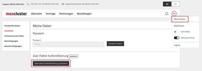Application Center - Meine Daten - Sicherheit - Zwei-Faktor-Authentifizierung aktivieren