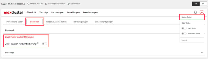 Application Center - Meine Daten - Sicherheit - Zwei-Faktor-Authentifizierung aktivieren