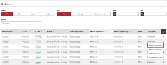 Application Center - Rechnungen - Menü - Rechnung ansehen