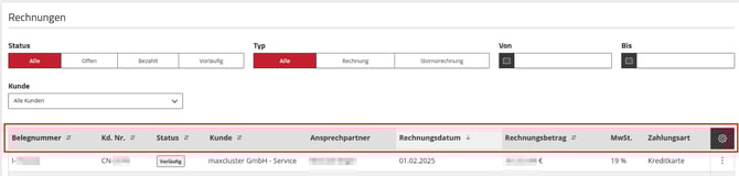 Application Center - Rechnungen - Rechnungsübersicht Informationen
