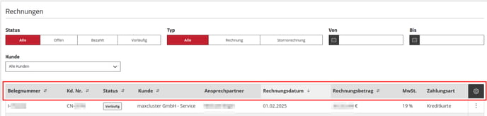 Application Center - Rechnungen - Rechnungsübersicht Informationen