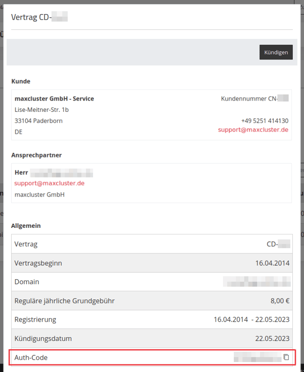 ApplicationCenter-Verträge-Domains-Menü-Kündigen-Anzeige-Auth.Code