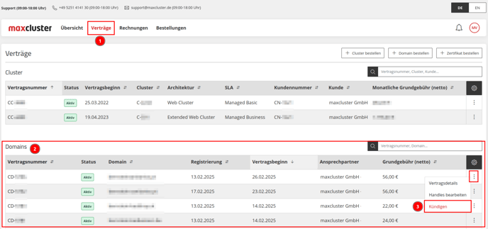 ApplicationCenter-Verträge-Domains-Menü-Kündigen