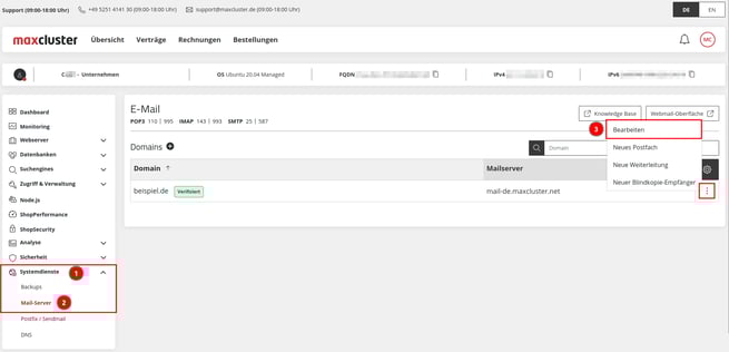 ManagedCenter-Systemdienste-Mail-Server-Bearbeiten