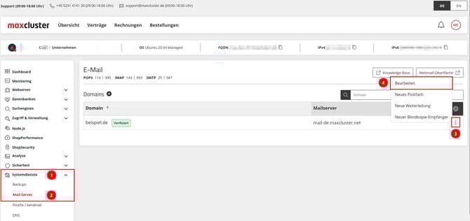 ManagedCenter-Systemdienste-Mail-Server-Domain-Menü-Bearbeiten