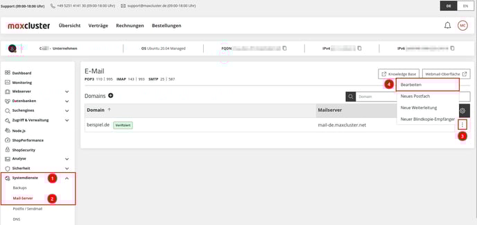 ManagedCenter-Systemdienste-Mail-Server-Domain-Menü-Bearbeiten