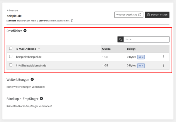 ManagedCenter-Systemdienste-Mail-Server-Mail-Menü-Postfächer-Übersicht