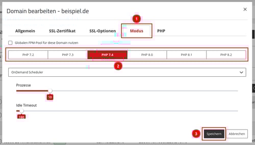 ManagedCenter-Webserver-Apache-Domain-Menü-Bearbeiten-Domain-bearbeiten-Modus-PHP-Version-auswählen-Speichern
