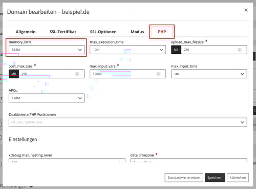 ManagedCenter-Webserver-Apache-Domain-Menü-Bearbeiten-Domain-bearbeiten-PHP-memory_limit(ohne)