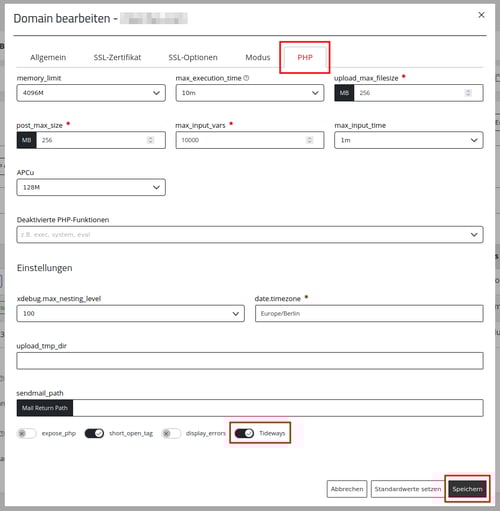 ManagedCenter-Webserver-Domain-PHP-Tideways-aktivieren