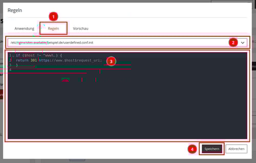 ManagedCenter-Webserver-NGINX-Domain-Menü-Regeln-www-weiterleitung-Speichern