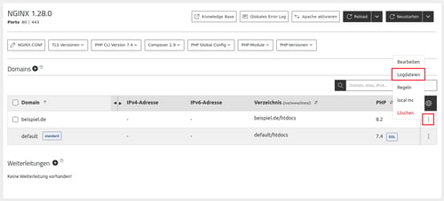 ManagedCenter-Webserver-NGINX-Menü-Logdateien