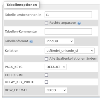 PHP-MyAdmin-Tabellenoptionen